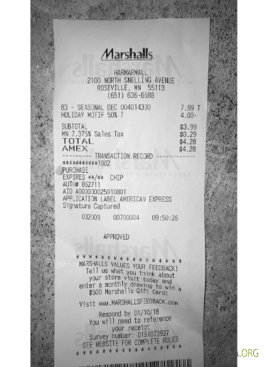 Reçu de paiement du magasin Marshalls aux États Unis